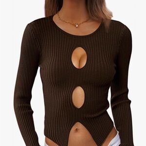 Brown Ribbed Cutout Top Size S